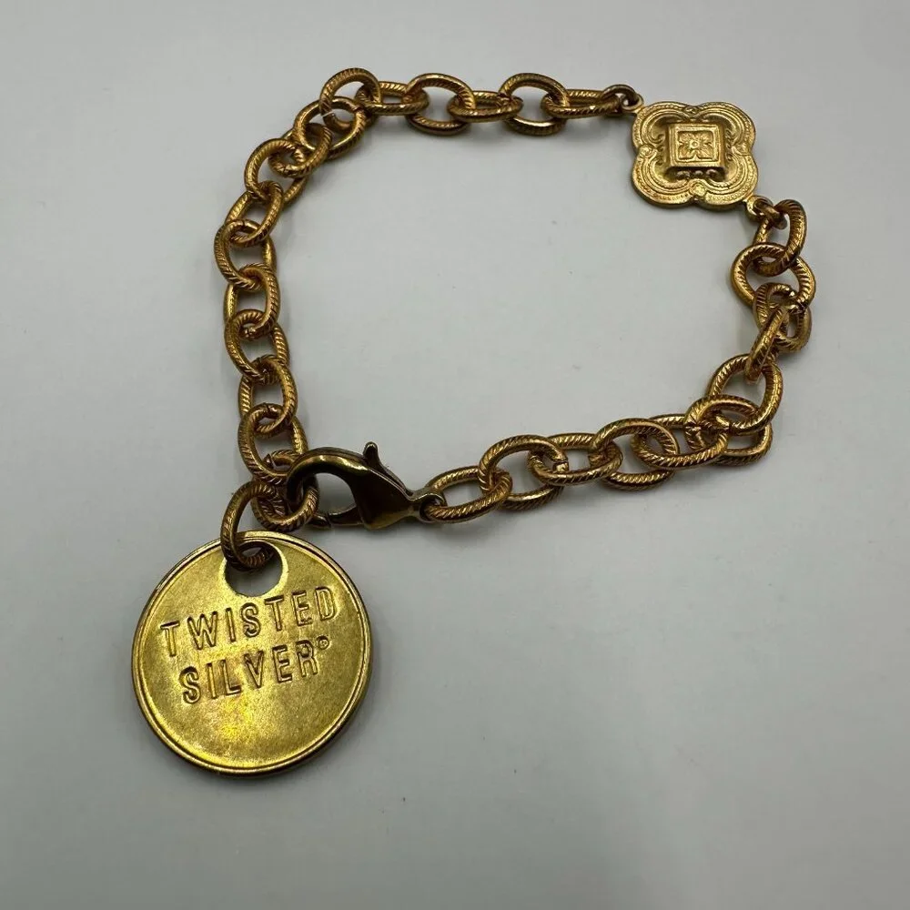 Twisted Silver Brand Bracelet Gold Tone Chain Link Medallion Charm 7.5 Inch - Picture 2 of 8